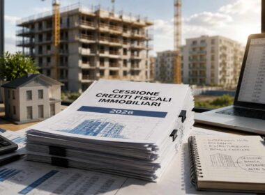 Cessione dei crediti fiscali edilizi a luglio 2026: cosa resta praticabile per imprese e tecnici. Cessione crediti fiscali edilizi 2026 con documentazione tecnica, modello immobiliare e cantiere sullo sfondo