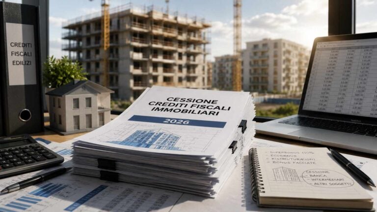 Cessione dei crediti fiscali edilizi a luglio 2026: cosa resta praticabile per imprese e tecnici. Cessione crediti fiscali edilizi 2026 con documentazione tecnica, modello immobiliare e cantiere sullo sfondo