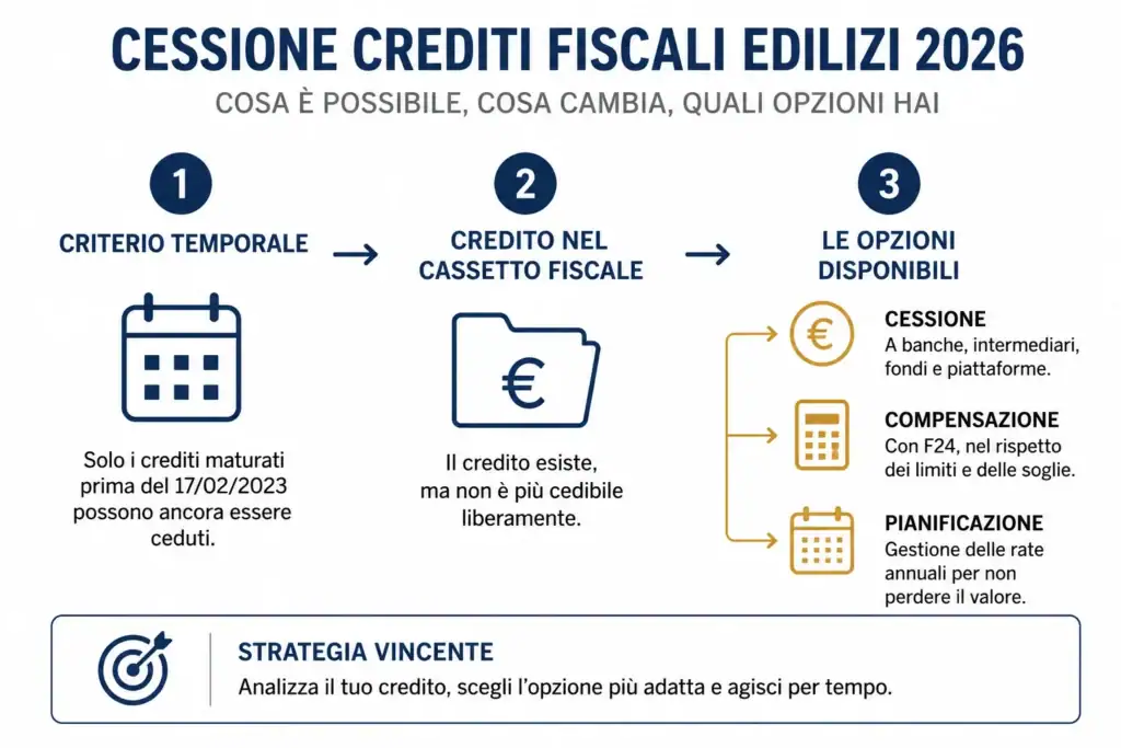 Cessione dei crediti fiscali edilizi a luglio 2026: cosa resta praticabile per imprese e tecnici. Cessione dei crediti fiscali edilizi a luglio 2026: cosa resta praticabile per imprese e tecnici. Cessione crediti fiscali edilizi 2026: scopri quali operazioni sono ancora possibili, come gestire i crediti nel cassetto fiscale, quali valori esprime oggi il mercato e quali strategie possono aiutare imprese e professionisti a non perdere valore.
