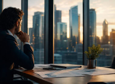 Come migliorare la bancabilità dell’impresa: imprenditore osserva la città dal suo ufficio con documenti finanziari sul tavolo