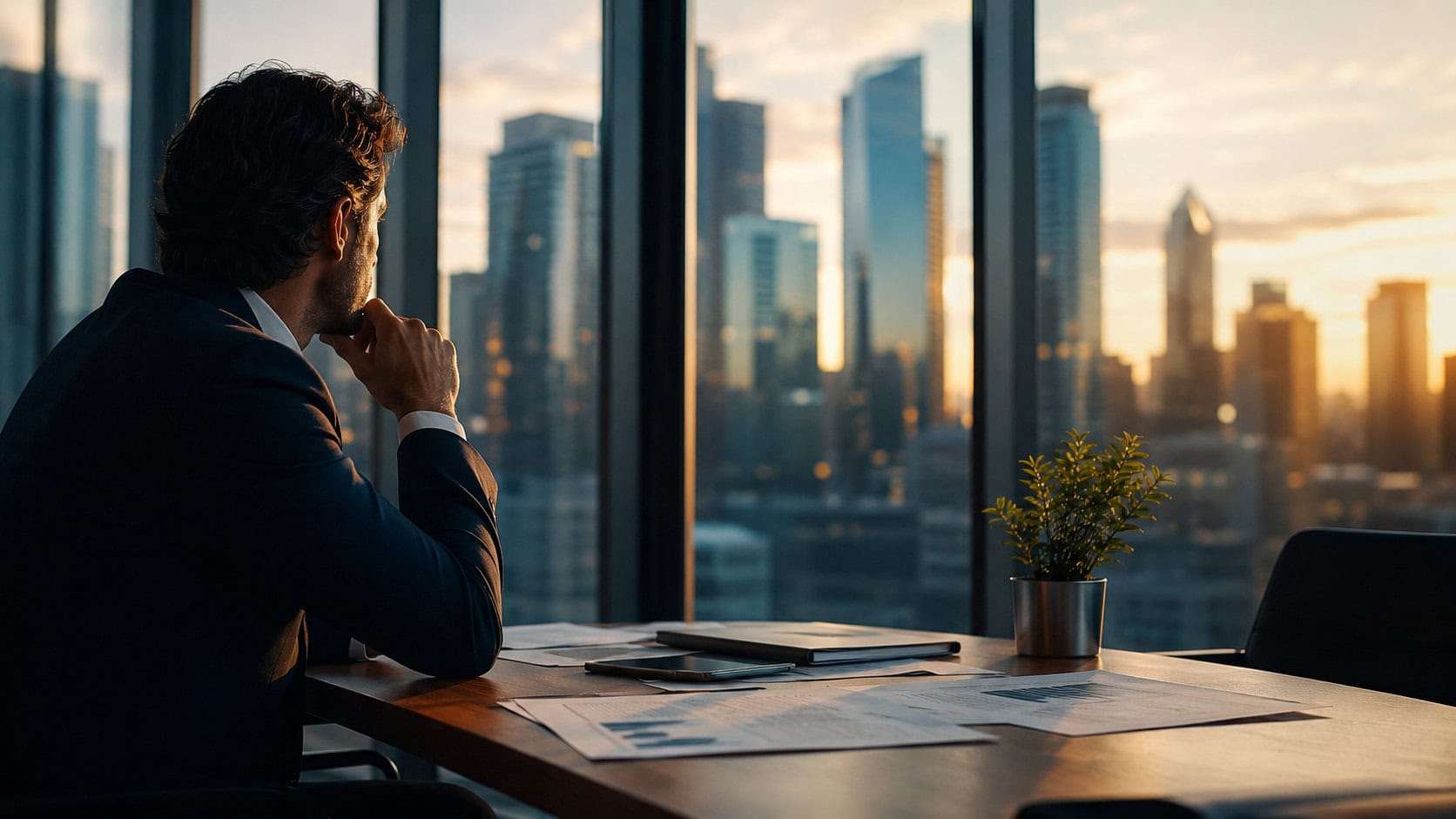 Il vero rischio non è il mercato: è la bancabilità. Come migliorare la bancabilità dell’impresa: imprenditore osserva la città dal suo ufficio con documenti finanziari sul tavolo