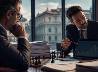 Il tuo commercialista vede il passato. La banca guarda il futuro.. consulenza finanziaria aziendale, manager analizza proiezioni economiche con imprenditore davanti a bilanci e laptop