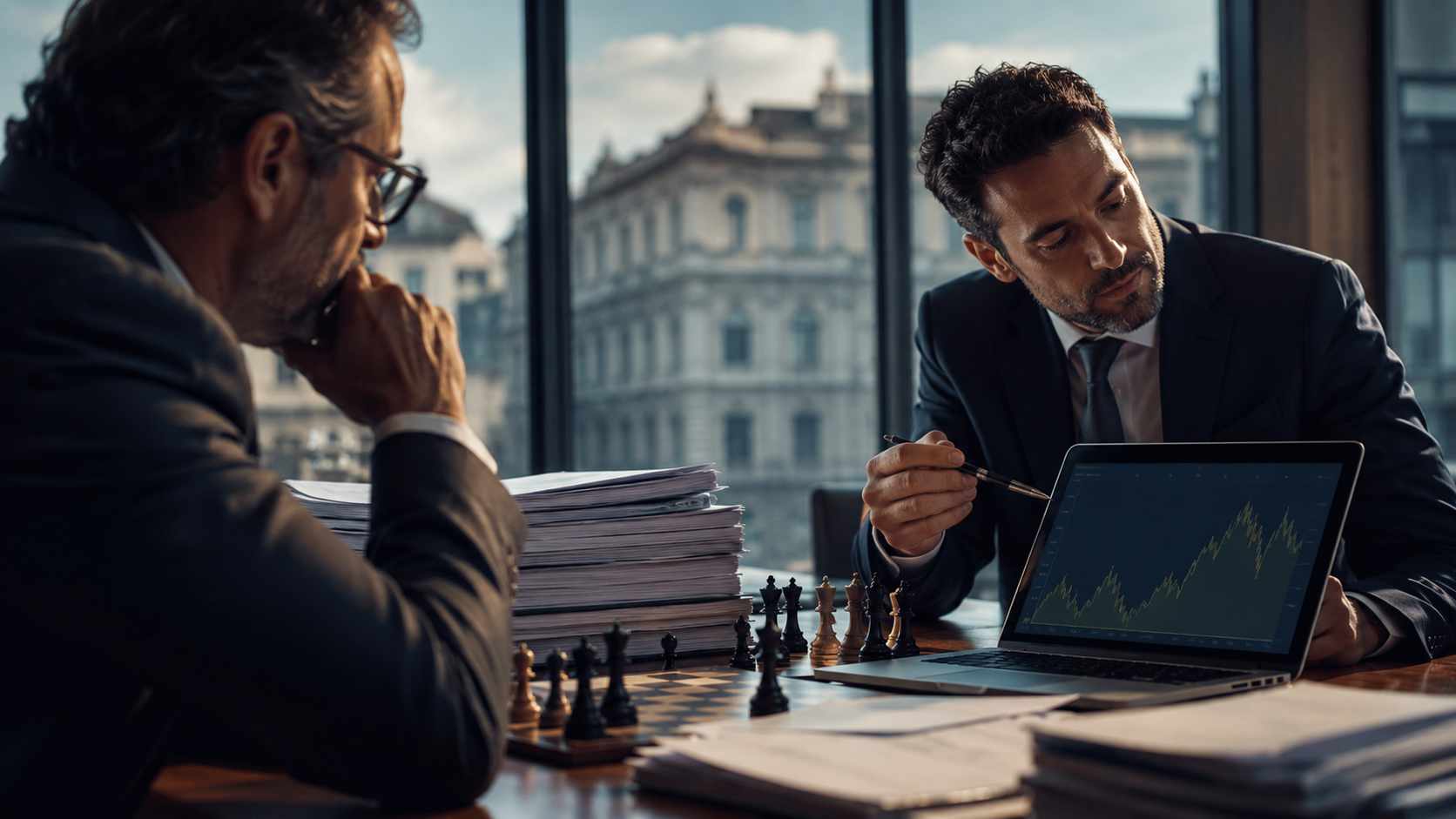 Il tuo commercialista vede il passato. La banca guarda il futuro.. consulenza finanziaria aziendale, manager analizza proiezioni economiche con imprenditore davanti a bilanci e laptop