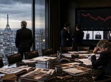 conti del lusso mondiale, dirigenti osservano i risultati finanziari in una sala riunioni con vista su Parigi