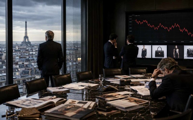 Le passerelle si sono spente. Ora inizia l'esame dei conti del lusso mondiale. conti del lusso mondiale, dirigenti osservano i risultati finanziari in una sala riunioni con vista su Parigi