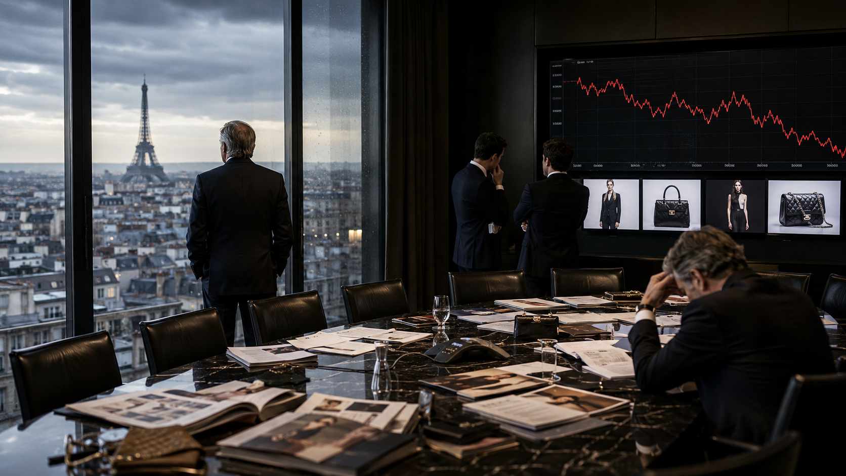 Le passerelle si sono spente. Ora inizia l'esame dei conti del lusso mondiale. conti del lusso mondiale, dirigenti osservano i risultati finanziari in una sala riunioni con vista su Parigi