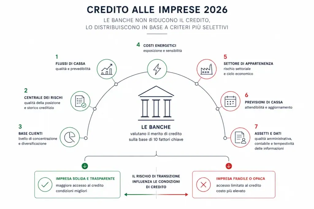 Il credito non manca. Sta cambiando destinatario: quali imprese finanzieranno le banche nel secondo semestre 2026. Il credito non manca. Sta cambiando destinatario: quali imprese finanzieranno le banche nel secondo semestre 2026. Credito alle imprese 2026: i dati della BCE mostrano un mercato che non si restringe, ma diventa più selettivo. Analisi dei nuovi criteri bancari, dei settori più esposti e degli elementi che oggi determinano la reale finanziabilità di un’impresa.