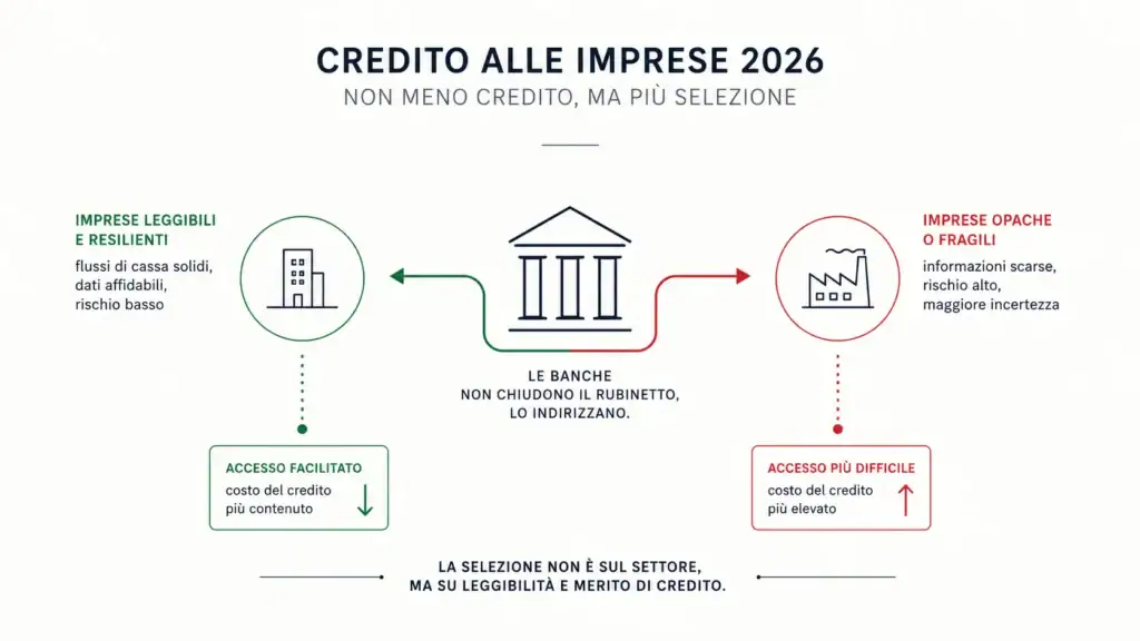 Il credito non manca. Sta cambiando destinatario: quali imprese finanzieranno le banche nel secondo semestre 2026. Il credito non manca. Sta cambiando destinatario: quali imprese finanzieranno le banche nel secondo semestre 2026. Credito alle imprese 2026: i dati della BCE mostrano un mercato che non si restringe, ma diventa più selettivo. Analisi dei nuovi criteri bancari, dei settori più esposti e degli elementi che oggi determinano la reale finanziabilità di un’impresa.