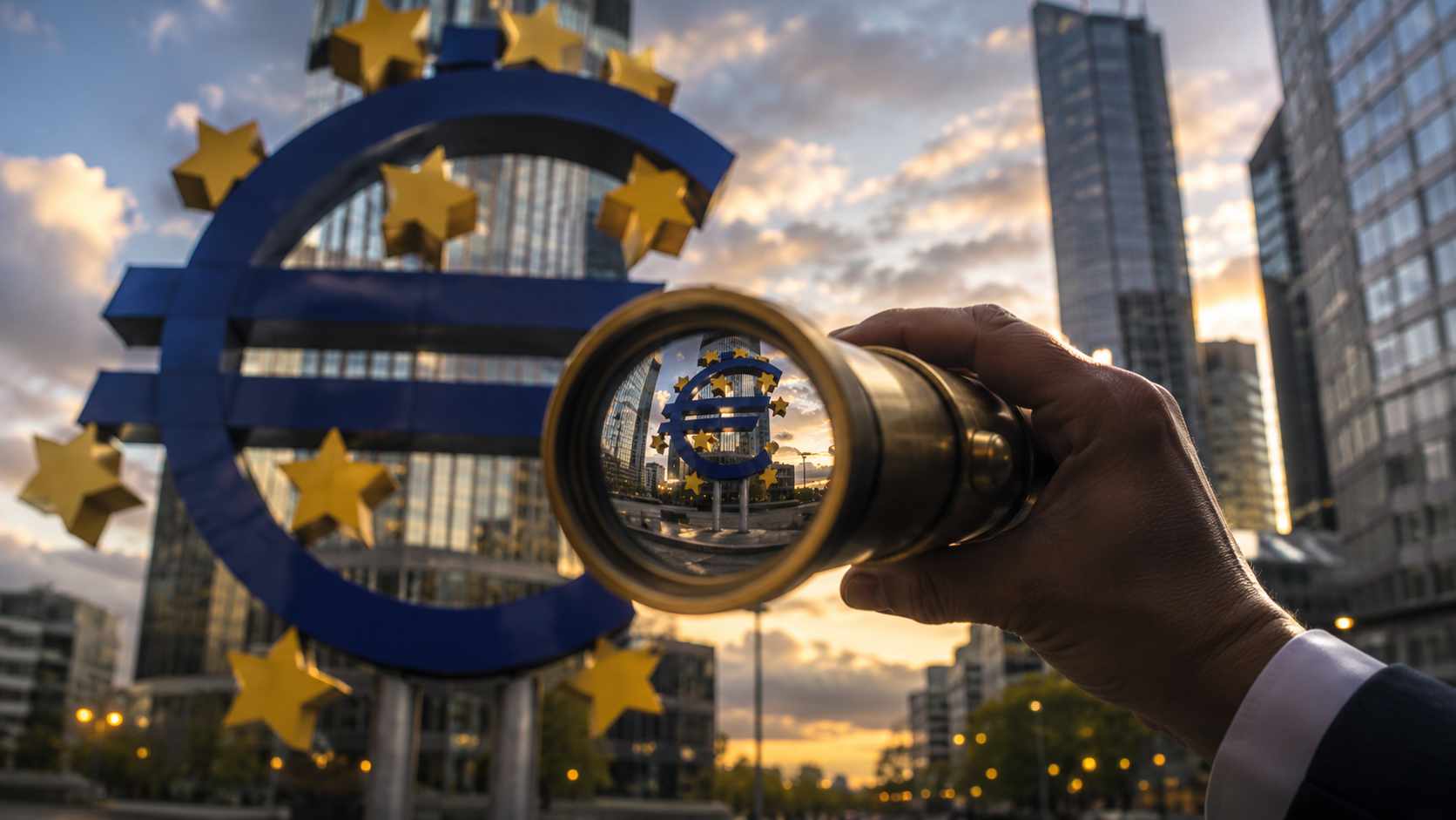 Il credito non manca. Sta cambiando destinatario: quali imprese finanzieranno le banche nel secondo semestre 2026. Credito alle imprese 2026, osservazione del simbolo dell’euro davanti a un distretto finanziario moderno