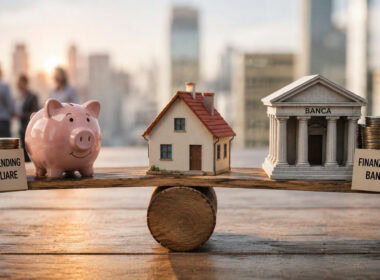 Crowdlending immobiliare, modello di casa in equilibrio tra banca e investimento su una bilancia in legno