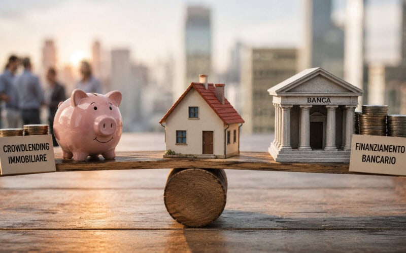 Crowdlending immobiliare, modello di casa in equilibrio tra banca e investimento su una bilancia in legno