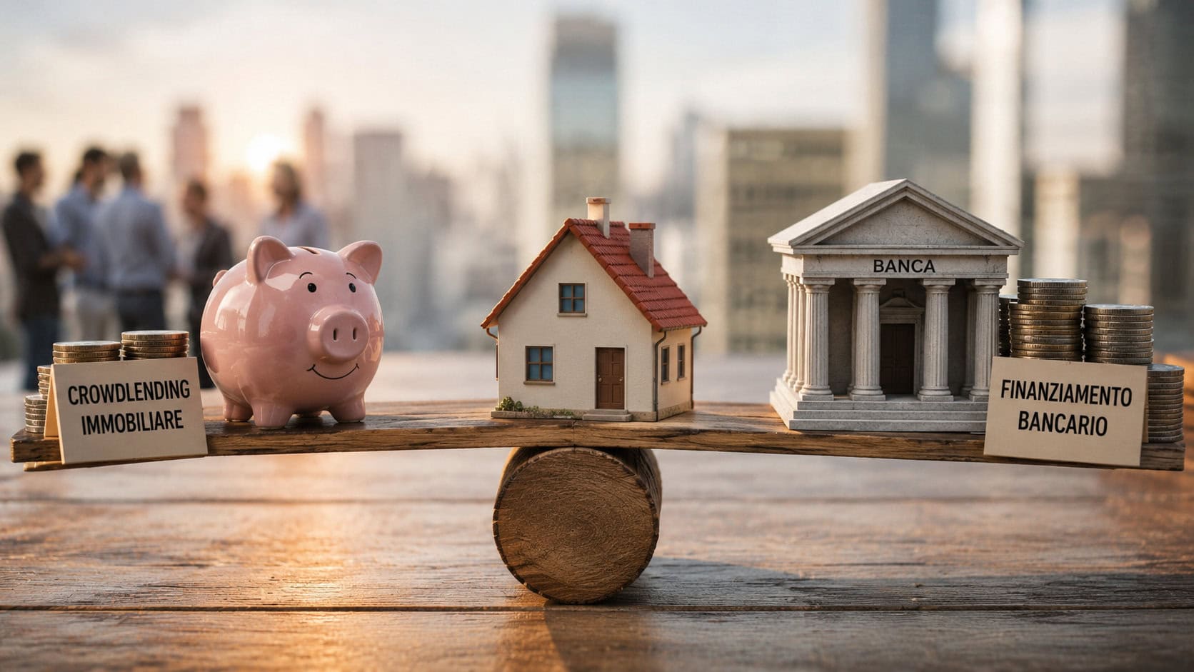 Crowdlending immobiliare, modello di casa in equilibrio tra banca e investimento su una bilancia in legno