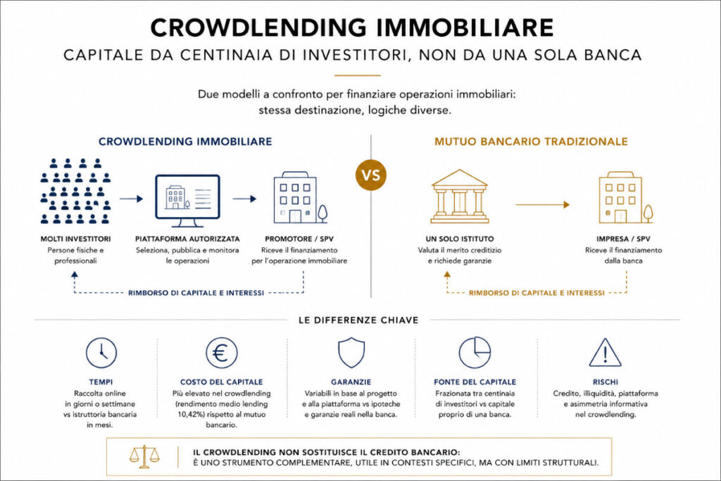 Crowdlending immobiliare: quando il mercato finanzia ciò che le banche rinviano. Crowdlending immobiliare: quando il mercato finanzia ciò che le banche rinviano. Crowdlending immobiliare significa finanziare operazioni attraverso il capitale di numerosi investitori anziché di una sola banca. L’articolo analizza funzionamento, normativa, costi, rischi, opportunità e differenze rispetto al credito bancario tradizionale per imprese e developer.