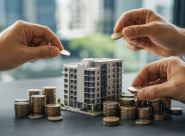 Crowdlending immobiliare con modellino di edificio circondato da investitori che apportano capitale