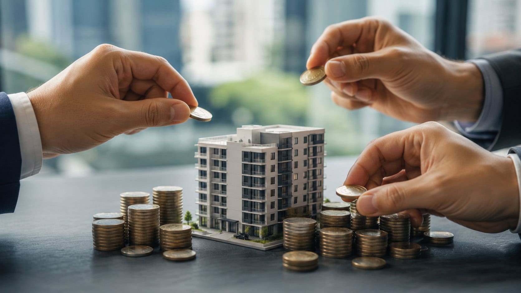 Crowdlending immobiliare: quando il mercato finanzia ciò che le banche rinviano. Crowdlending immobiliare con modellino di edificio circondato da investitori che apportano capitale