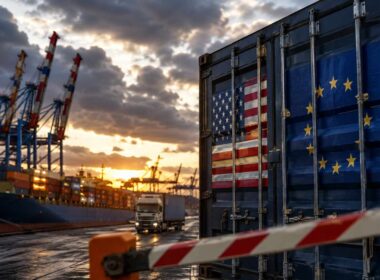 Dazi USA sulle filiere delle PMI, container con bandiere UE e USA in un porto commerciale al tramonto