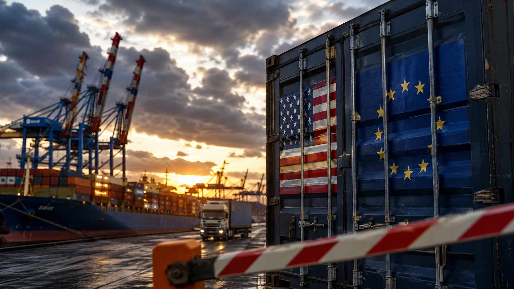 Dazi USA sulle filiere delle PMI, container con bandiere UE e USA in un porto commerciale al tramonto