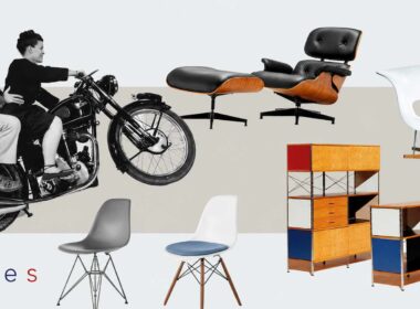 Le icone del design che hanno cambiato il modo di vivere gli oggetti . Design emozionale con collage delle icone di Charles e Ray Eames e dei loro arredi più celebri
