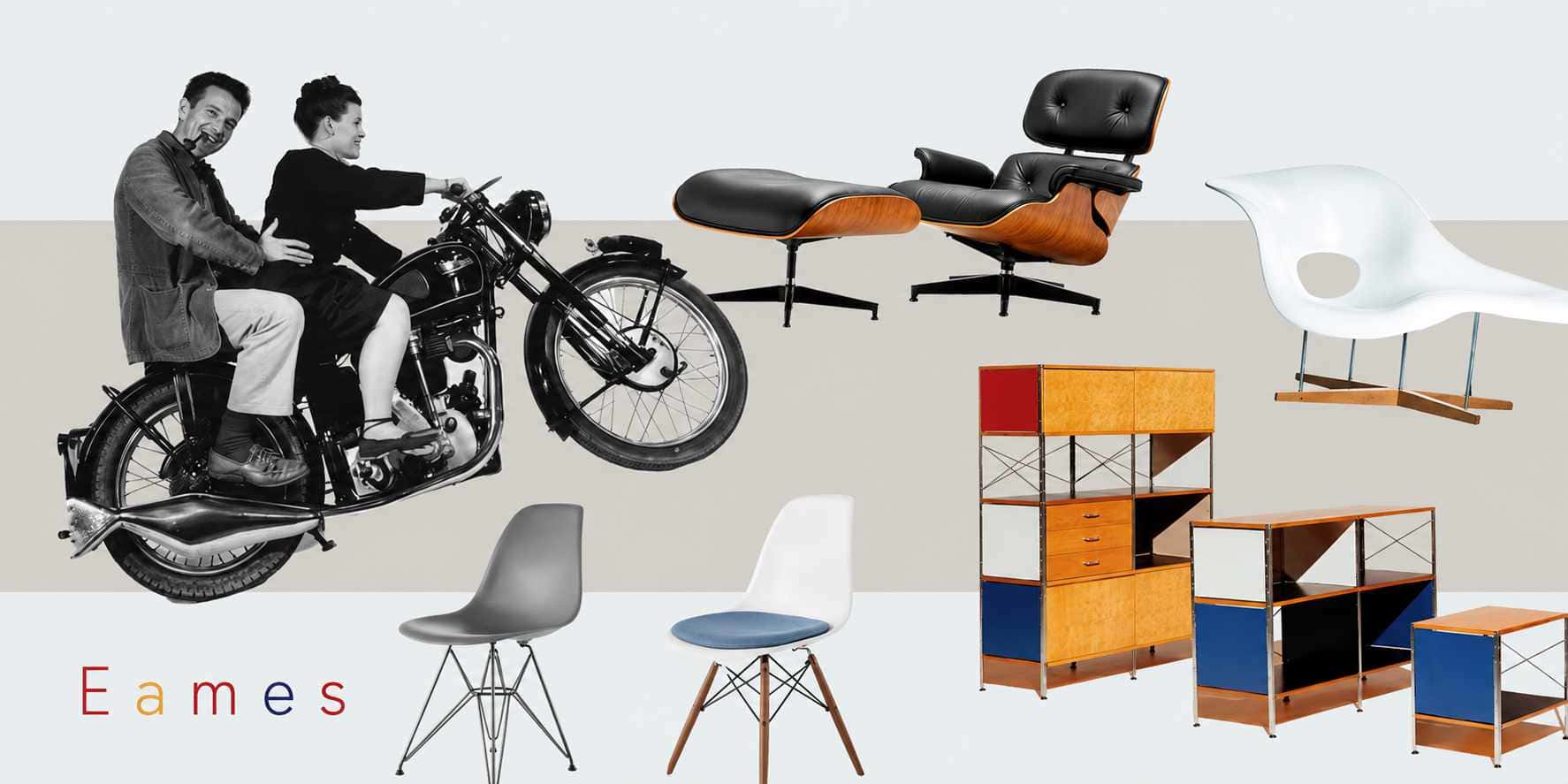 Design emozionale con collage delle icone di Charles e Ray Eames e dei loro arredi più celebri