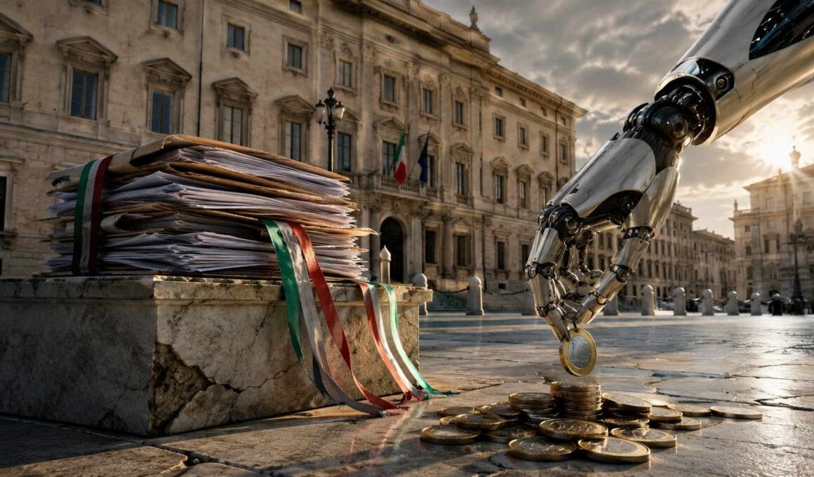 Il vero conto dell'intelligenza artificiale: perché in Italia il rischio fiscale corre più veloce di quello occupazionale. Fisco e intelligenza artificiale: braccio robotico raccoglie monete davanti a un edificio istituzionale italiano