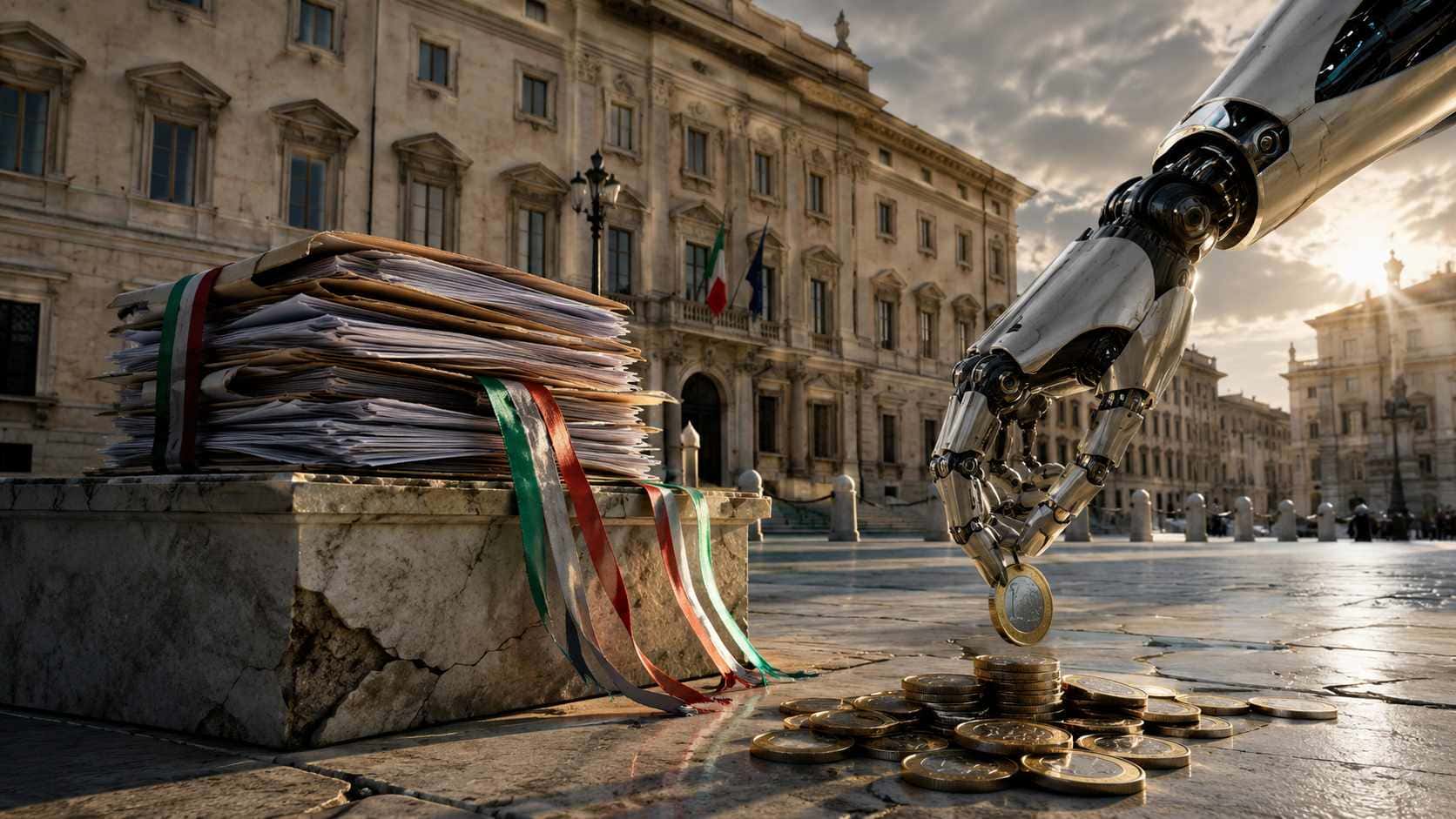 Fisco e intelligenza artificiale: braccio robotico raccoglie monete davanti a un edificio istituzionale italiano