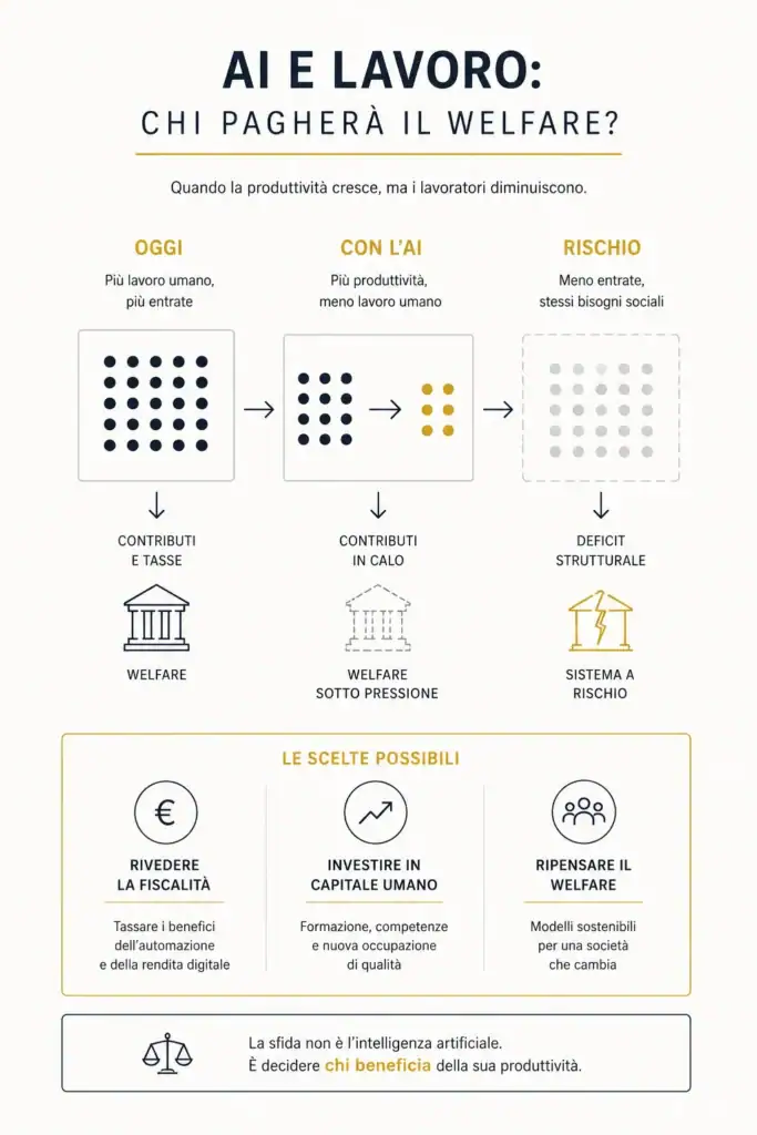Il vero conto dell'intelligenza artificiale: perché in Italia il rischio fiscale corre più veloce di quello occupazionale. Il vero conto dell'intelligenza artificiale: perché in Italia il rischio fiscale corre più veloce di quello occupazionale. Fisco e intelligenza artificiale sono destinati a ridefinire il finanziamento del welfare italiano. Dai dati di Bankitalia, INPS e CGIA emerge un problema che riguarda gettito, pensioni e sostenibilità del sistema fiscale nel prossimo decennio.