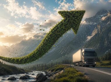 Green Tour 2026, freccia verde sospesa tra le montagne sopra una strada percorsa da un camion verso una struttura turistica