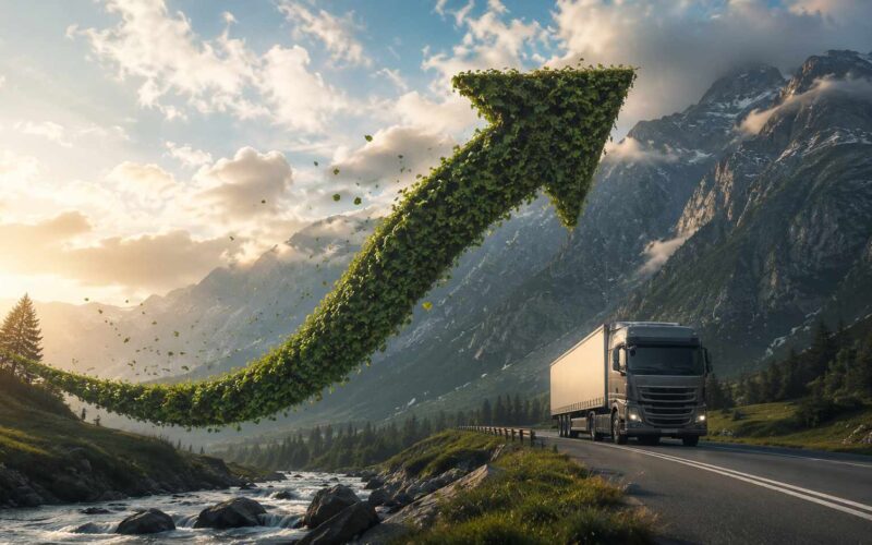Green Tour 2026, freccia verde sospesa tra le montagne sopra una strada percorsa da un camion verso una struttura turistica