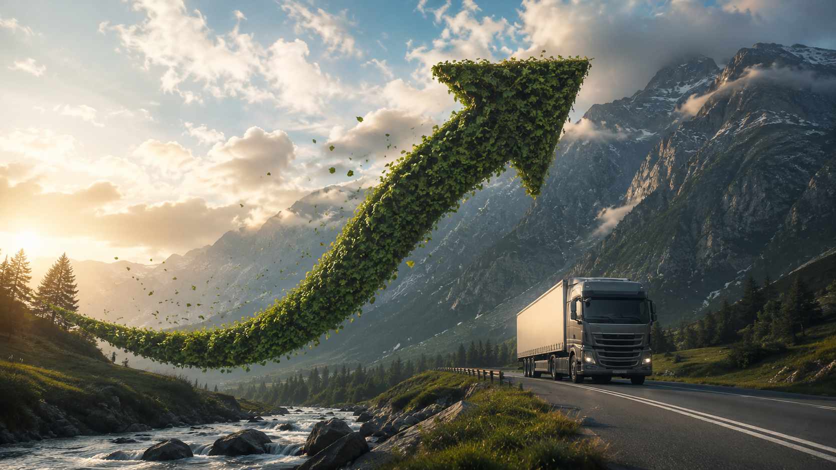Green Tour 2026 e IFIT: è possibile partecipare di nuovo?. Green Tour 2026, freccia verde sospesa tra le montagne sopra una strada percorsa da un camion verso una struttura turistica
