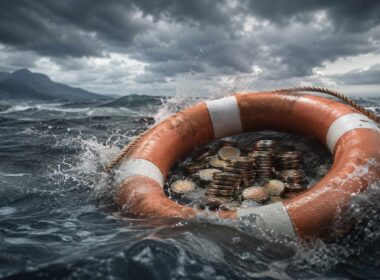 Indicatori finanziari aziendali, salvagente con monete tra onde in tempesta, simbolo della liquidità e del rischio finanziario