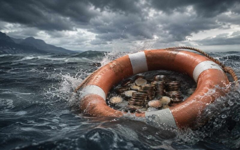 Indicatori finanziari aziendali, salvagente con monete tra onde in tempesta, simbolo della liquidità e del rischio finanziario