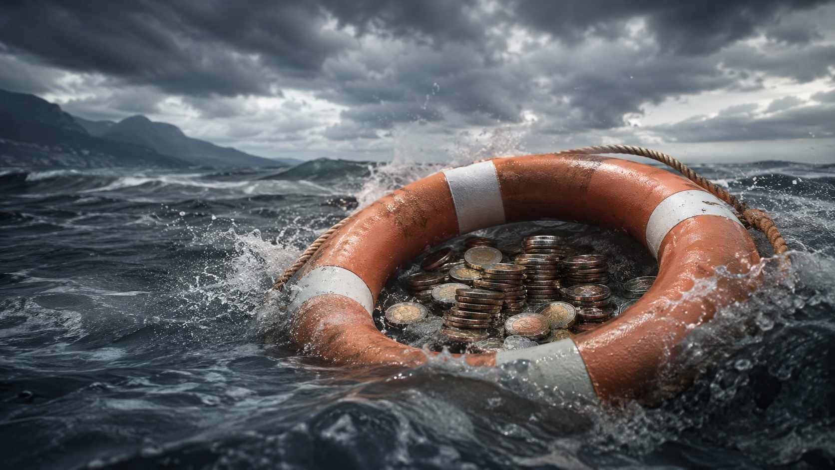 Il bilancio arriva troppo tardi: i 12 indicatori che un imprenditore dovrebbe conoscere ogni mese. Indicatori finanziari aziendali, salvagente con monete tra onde in tempesta, simbolo della liquidità e del rischio finanziario