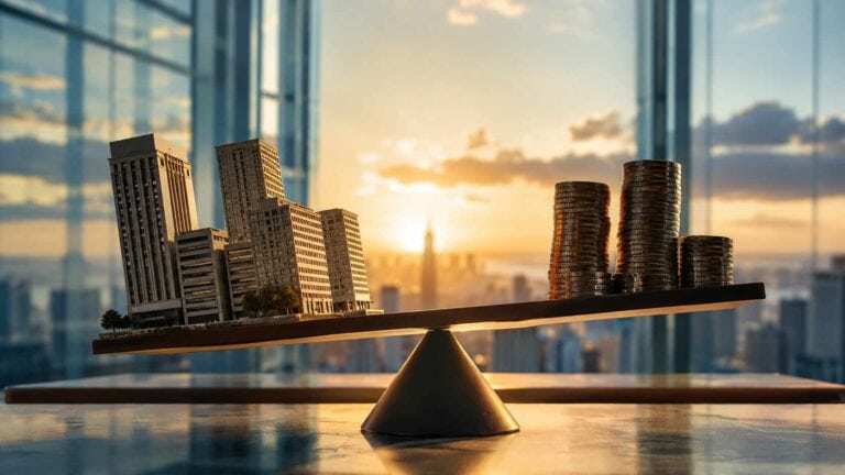 Leasing immobiliare o mutuo: la scelta che vincola il bilancio dei prossimi dodici anni. Leasing immobiliare o mutuo, bilancia con modellini di edifici e pile di monete in un moderno ufficio panoramico