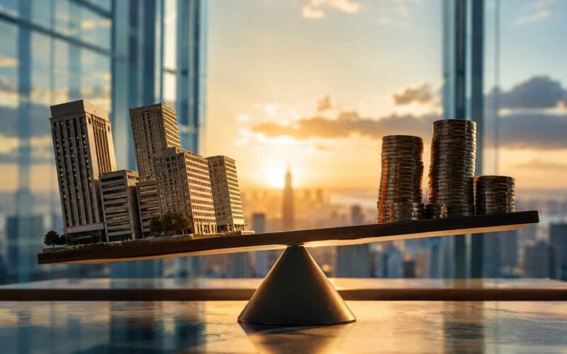 Leasing immobiliare o mutuo: la scelta che vincola il bilancio dei prossimi dodici anni. Leasing immobiliare o mutuo, bilancia con modellini di edifici e pile di monete in un moderno ufficio panoramico