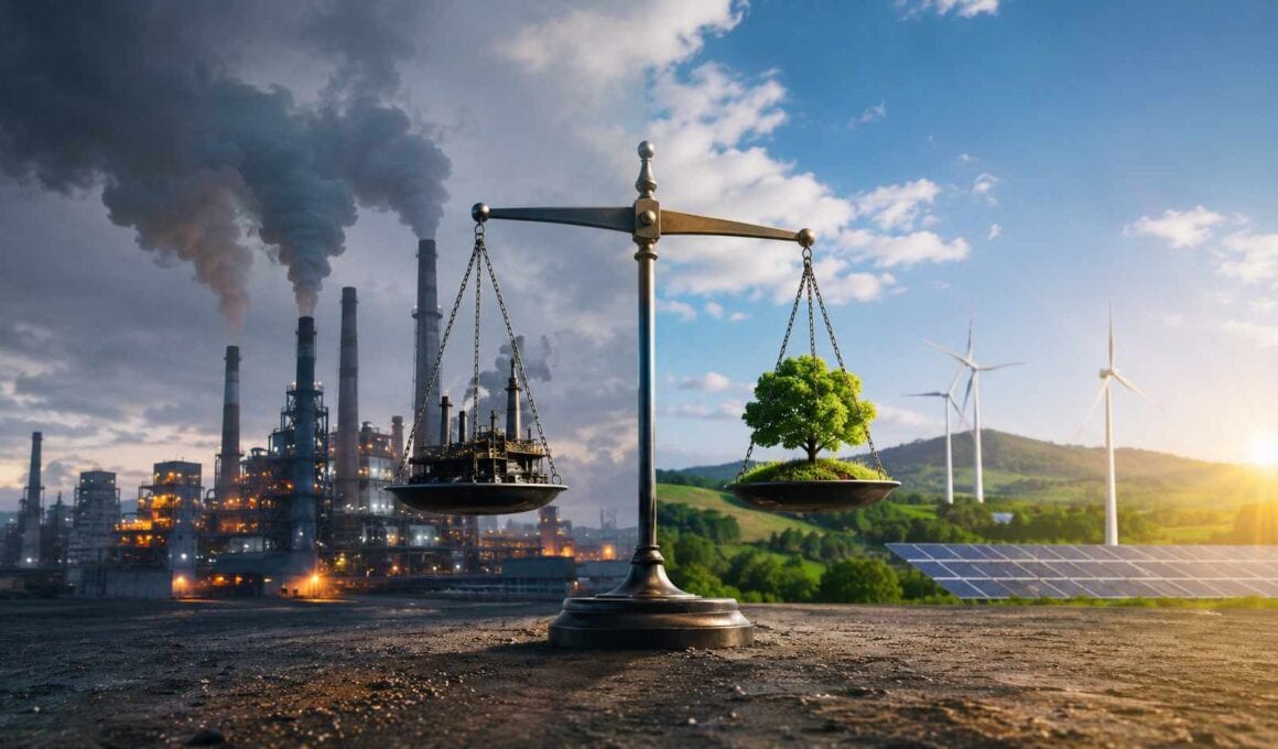 Mercato europeo delle emissioni rappresentato da una bilancia tra industria pesante e fonti di energia rinnovabile