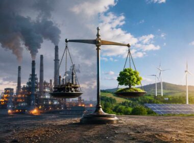 Mercato europeo delle emissioni rappresentato da una bilancia tra industria pesante e fonti di energia rinnovabile