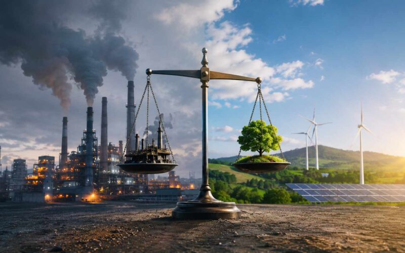 Mercato europeo delle emissioni rappresentato da una bilancia tra industria pesante e fonti di energia rinnovabile