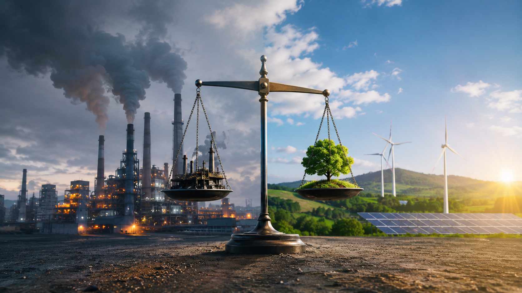 Ue, la riforma dell'ETS ridisegna il patto tra clima e industria: più tempo alle imprese, ma decarbonizzazione obbligatoria. Mercato europeo delle emissioni rappresentato da una bilancia tra industria pesante e fonti di energia rinnovabile