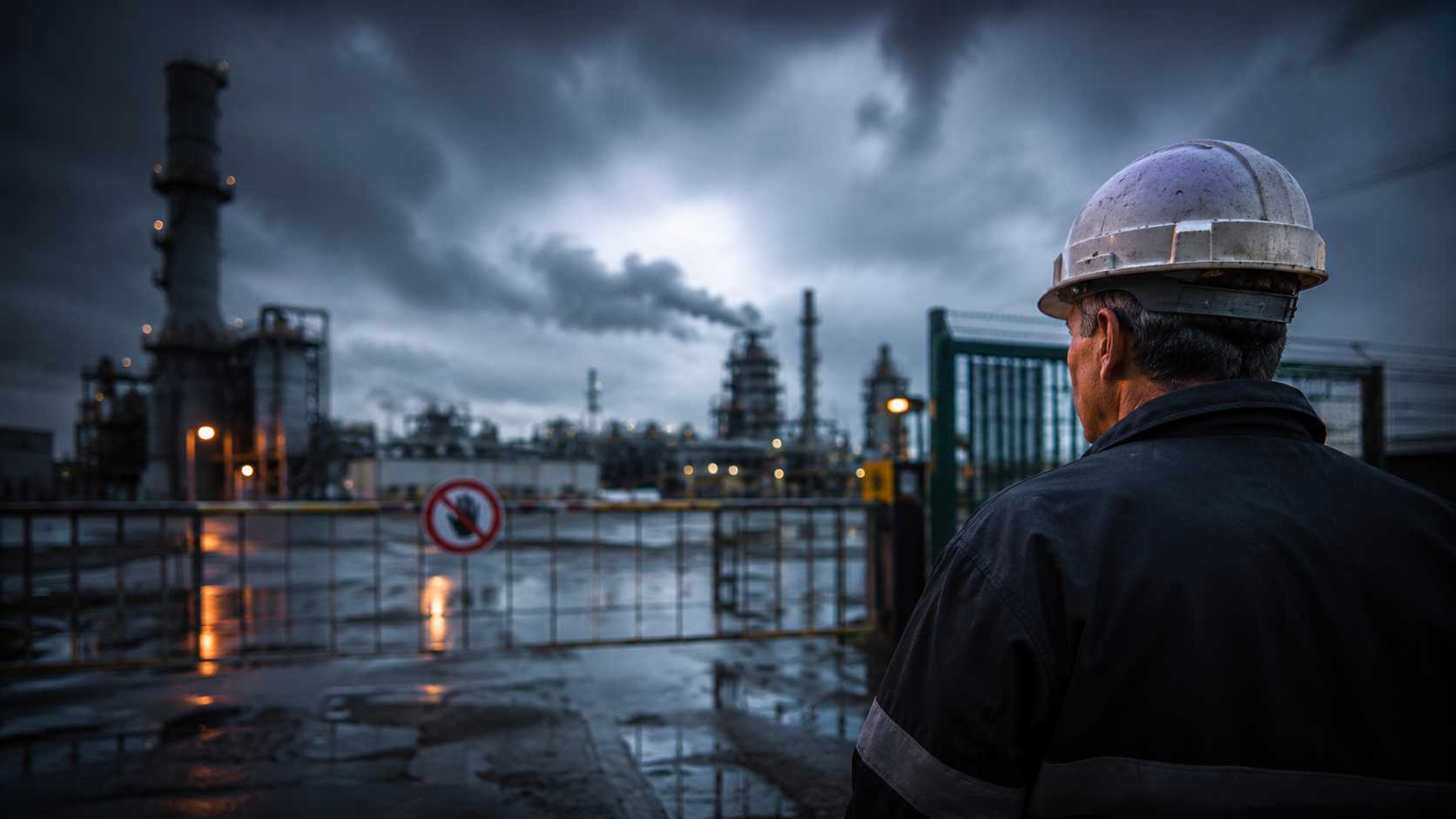 Modello COPE in un impianto industriale osservato da un tecnico davanti a uno stabilimento chimico