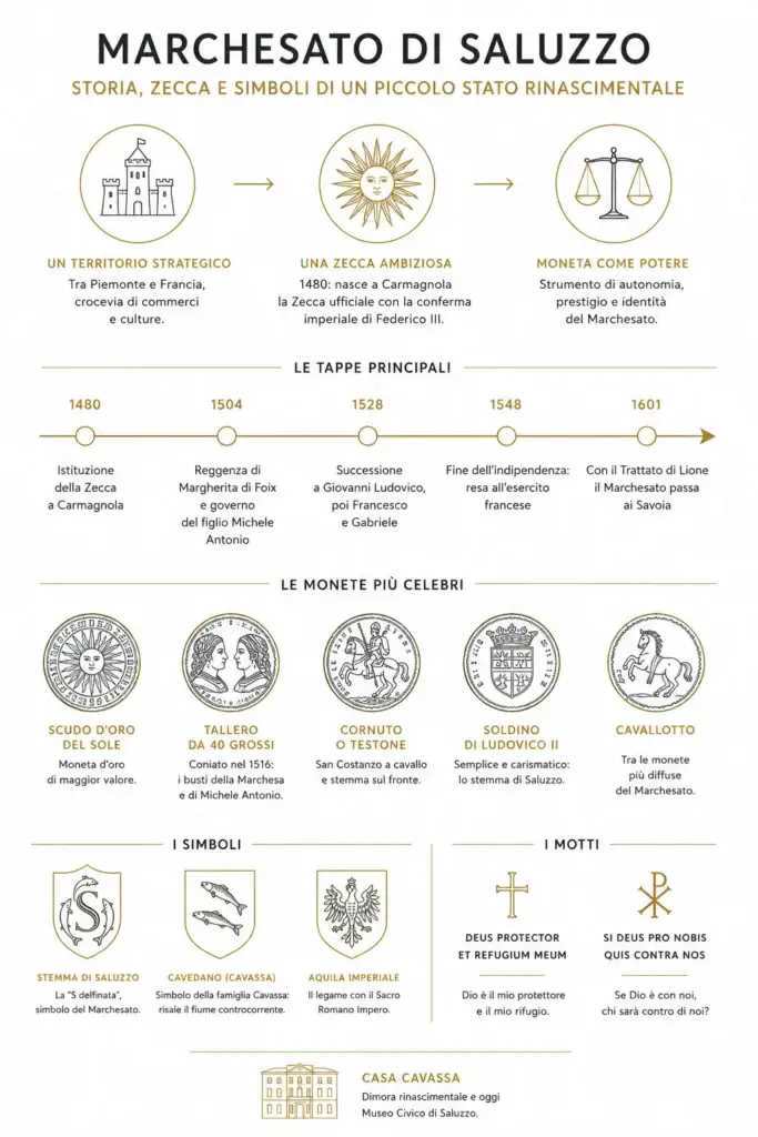 La Zecca del Marchesato di Saluzzo: talleri, cornuti e testoni visibili a Casa Cavassa. La Zecca del Marchesato di Saluzzo: talleri, cornuti e testoni visibili a Casa Cavassa. Le monete del Marchesato di Saluzzo raccontano l’ambizione politica, l’arte rinascimentale e l’identità di uno dei più affascinanti Stati italiani. Dalla zecca voluta da Ludovico II agli scudi d’oro, fino agli stemmi e ai motti custoditi oggi nella suggestiva Casa Cavassa.