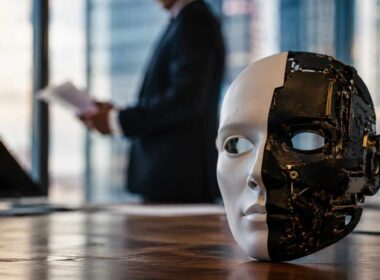 Obblighi AI Act imprese: maschera metà umana e metà robotica su una scrivania in un ufficio moderno