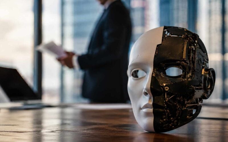 2 agosto 2026: l'AI Act entra nell'impresa. Cosa cambia davvero per chi usa intelligenza artificiale. Obblighi AI Act imprese: maschera metà umana e metà robotica su una scrivania in un ufficio moderno