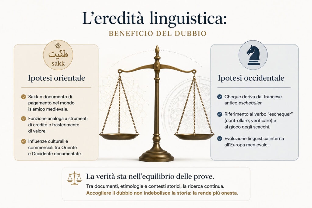 Il sakk islamico e l'origine contesa della parola "assegno". Il sakk islamico e l'origine contesa della parola "assegno". L’origine dell’assegno affonda le radici nei sistemi di pagamento del mondo islamico medievale, ma il legame tra il sakk e il moderno cheque resta oggetto di dibattito. Un viaggio tra storia economica, commercio e filologia, separando i fatti documentati dalle ipotesi.