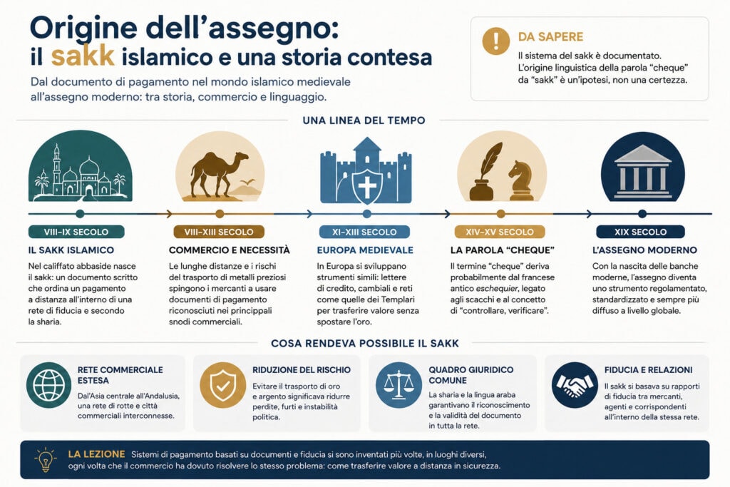 Il sakk islamico e l'origine contesa della parola "assegno". Il sakk islamico e l'origine contesa della parola "assegno". L’origine dell’assegno affonda le radici nei sistemi di pagamento del mondo islamico medievale, ma il legame tra il sakk e il moderno cheque resta oggetto di dibattito. Un viaggio tra storia economica, commercio e filologia, separando i fatti documentati dalle ipotesi.
