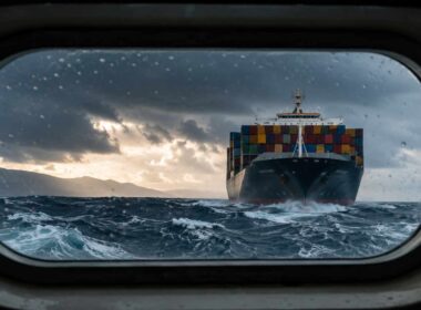 Pianificazione strategica delle imprese: nave portacontainer affronta il mare in tempesta vista da un oblò