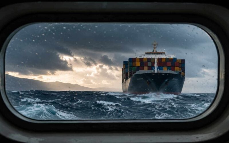 La nuova scarsità non è il petrolio: è la prevedibilità. Pianificazione strategica delle imprese: nave portacontainer affronta il mare in tempesta vista da un oblò
