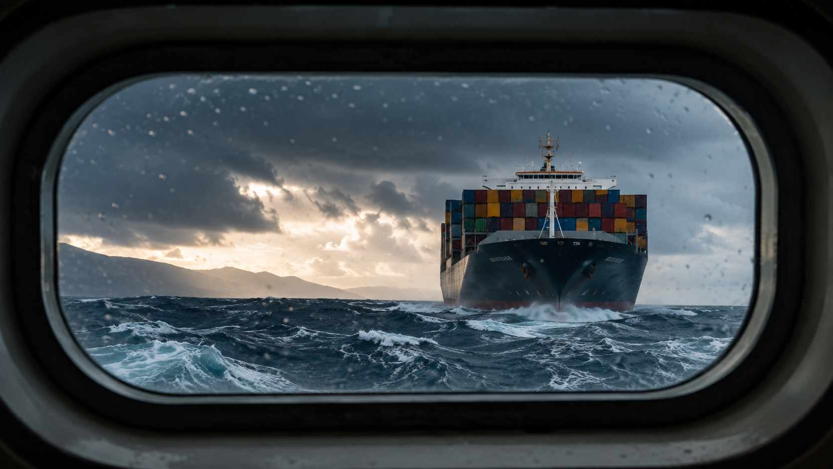 La nuova scarsità non è il petrolio: è la prevedibilità. Pianificazione strategica delle imprese: nave portacontainer affronta il mare in tempesta vista da un oblò