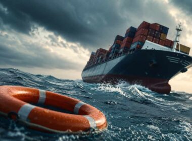 Rischio di concentrazione aziendale: nave portacontainer affronta il mare in tempesta con salvagente in primo piano