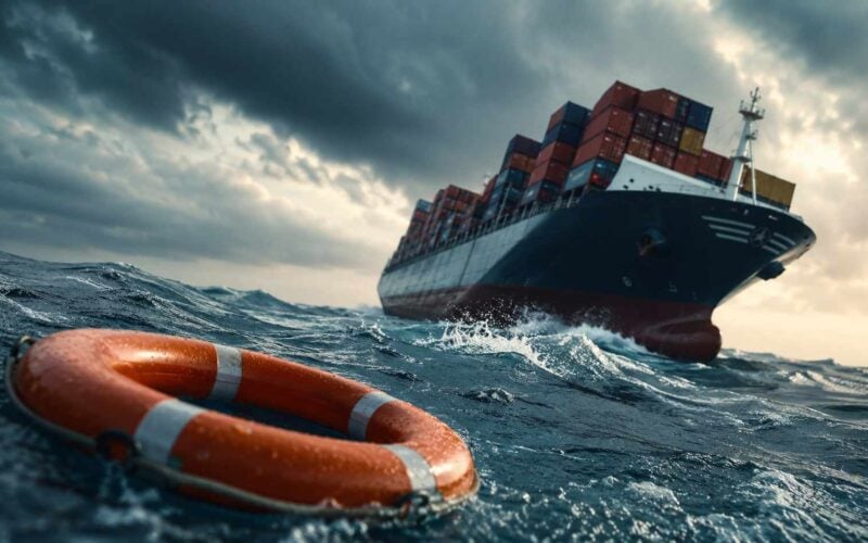 Rischio di concentrazione aziendale: nave portacontainer affronta il mare in tempesta con salvagente in primo piano