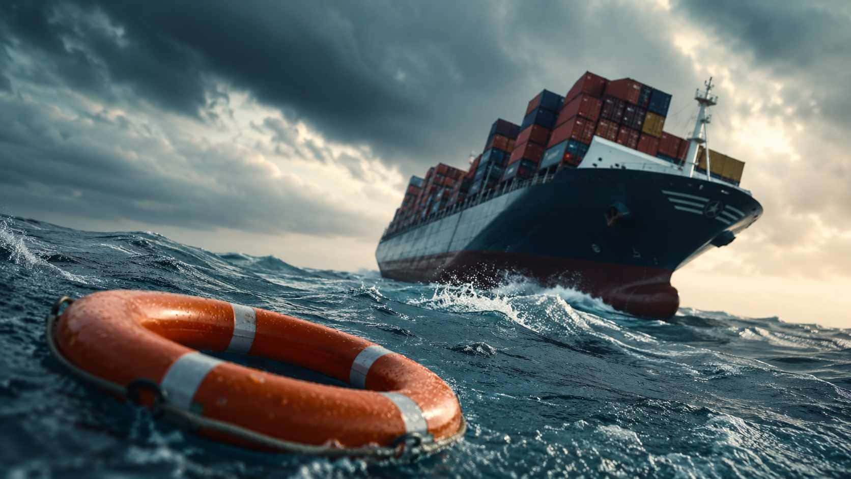 Il rischio invisibile delle imprese italiane. Rischio di concentrazione aziendale: nave portacontainer affronta il mare in tempesta con salvagente in primo piano